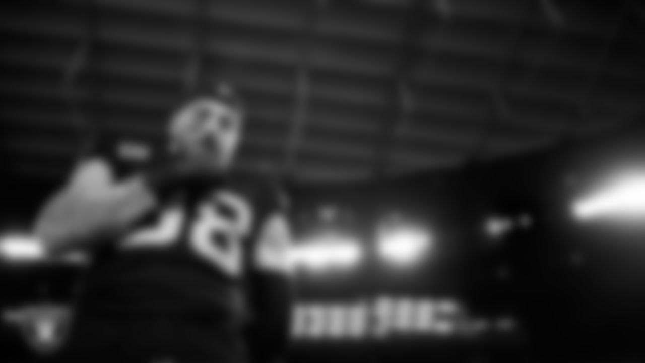 Las Vegas Raiders defensive end Maxx Crosby (98) during the national anthem before the regular season home game against the Los Angeles Chargers at Allegiant Stadium.