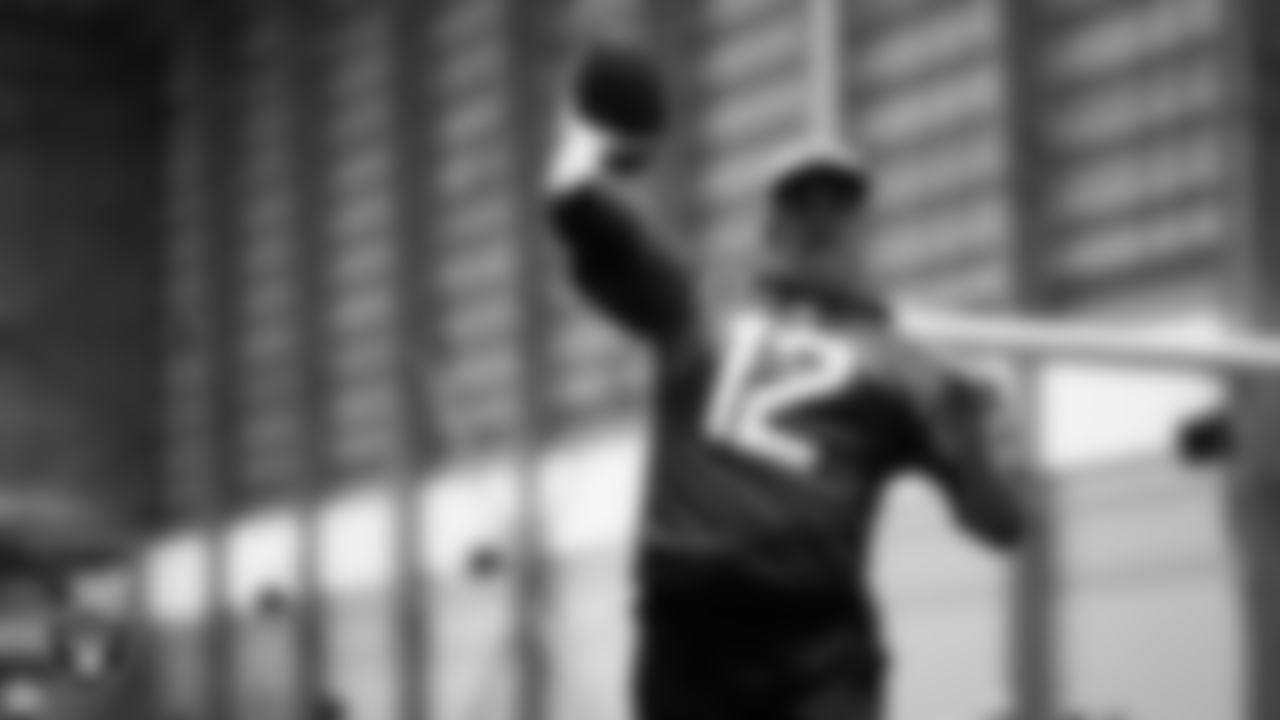 Las Vegas Raiders quarterback Aidan O'Connell (12) during practice at Intermountain Health Performance Center.