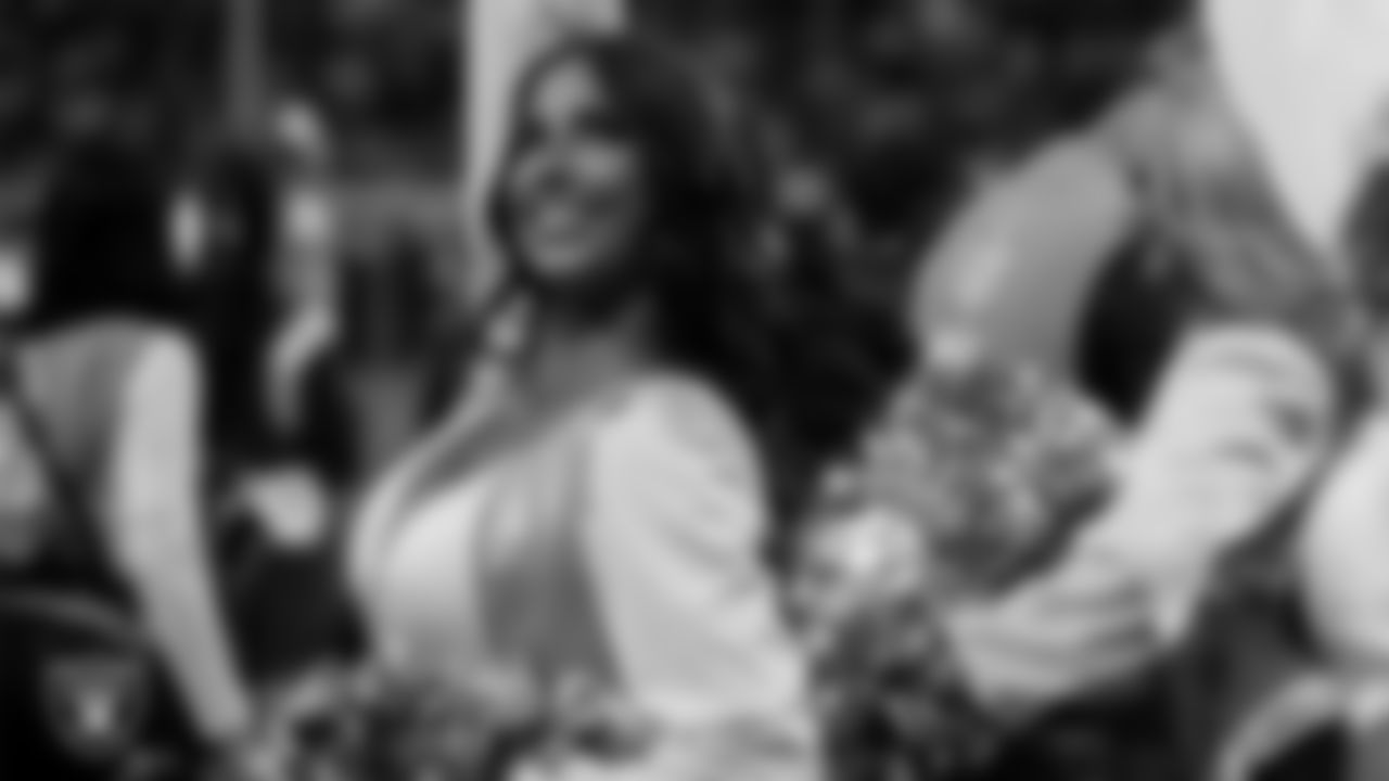 Raiderette Raegen on the sidelines during the regular season home game against the Kansas City Chiefs at Allegiant Stadium.