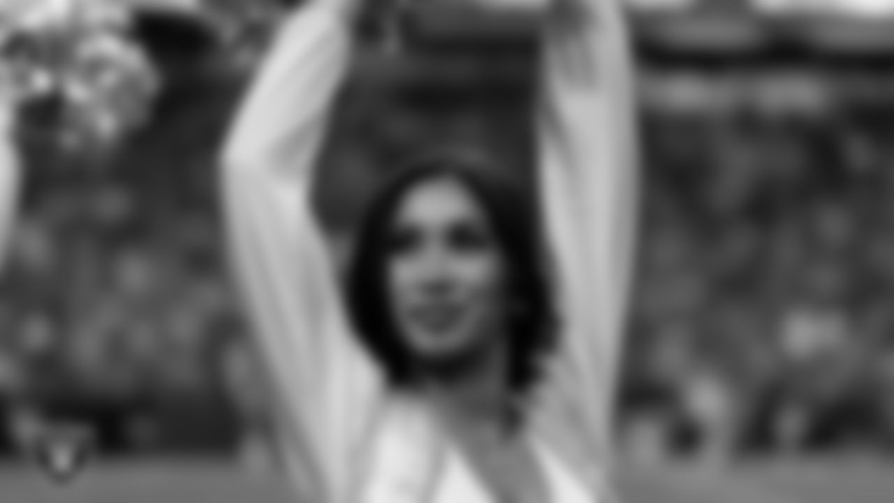 Raiderette Meekela on the sidelines during the regular season home game against the Denver Broncos at Allegiant Stadium.