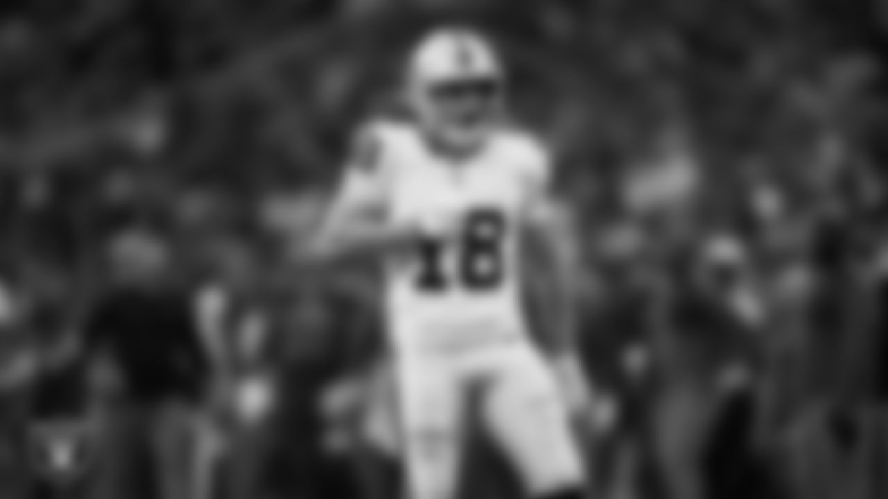 Las Vegas Raiders wide receiver Jack Bech (18) celebrates after making a catch during the regular season away game against the Houston Texans at NRG Stadium.