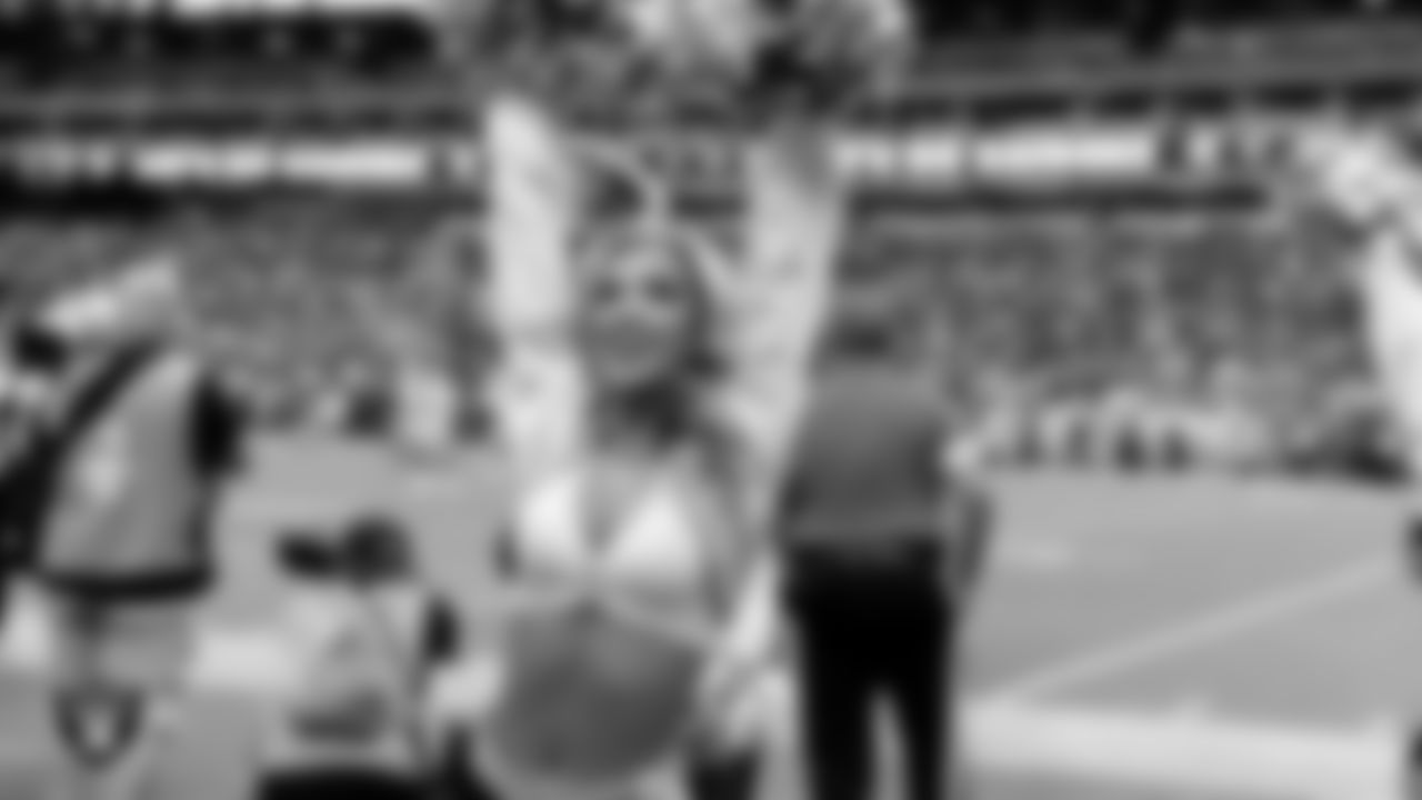 Raiderette Taylor on the sidelines during the preseason home game against the San Francisco 49ers at Allegiant Stadium.