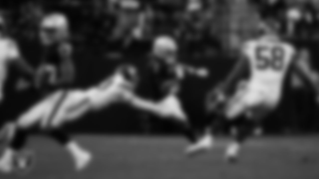 Las Vegas Raiders wide receiver Tre Tucker (1) runs after making a catch during the regular season home game against the New York Giants at Allegiant Stadium.