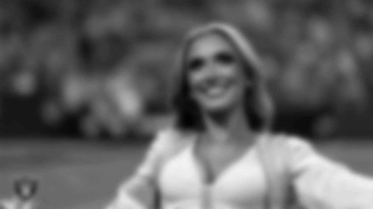 Raiderette Shelby on the sidelines during the regular season home game against the Denver Broncos at Allegiant Stadium.