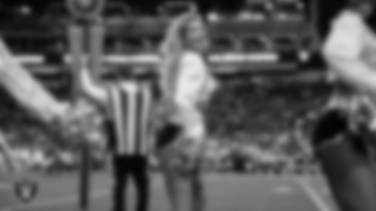 Raiderette Cori performs on the sidelines during the regular season home game against the Kansas City Chiefs at Allegiant Stadium.