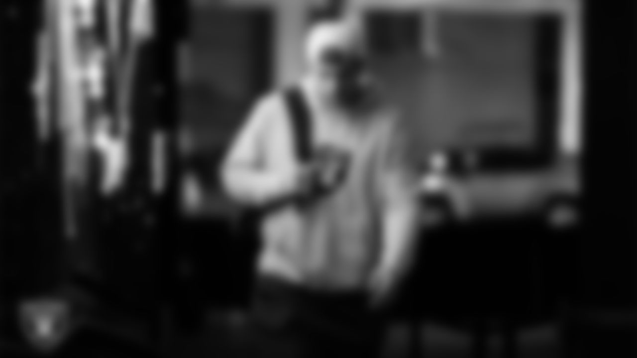 Las Vegas Raiders tight end Michael Mayer (87) arrives to the regular season home game against the New York Giants at Allegiant Stadium.