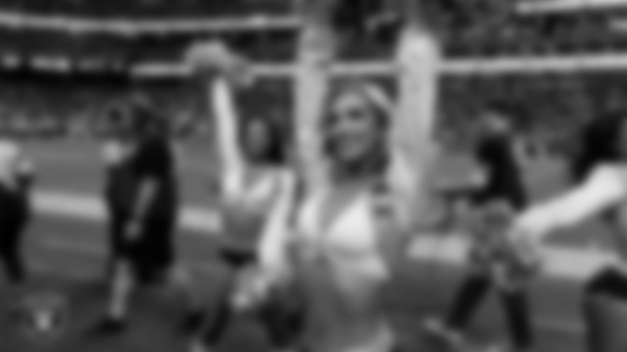 Raiderette Taylor on the sidelines during the regular season home game against the Jacksonville Jaguars at Allegiant Stadium.