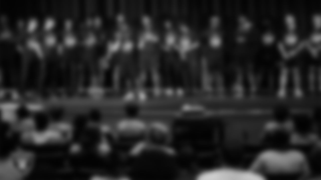 Las Vegas Raiders running back Ashton Jeanty (2) speaks to athletes during the Raiders Prospect Camp at Rancho High School.
