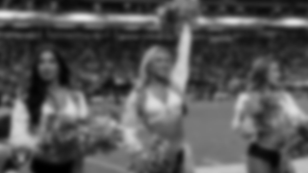 Raiderette Delaney on the sidelines during the regular season home game against the Dallas Cowboys at Allegiant Stadium.
