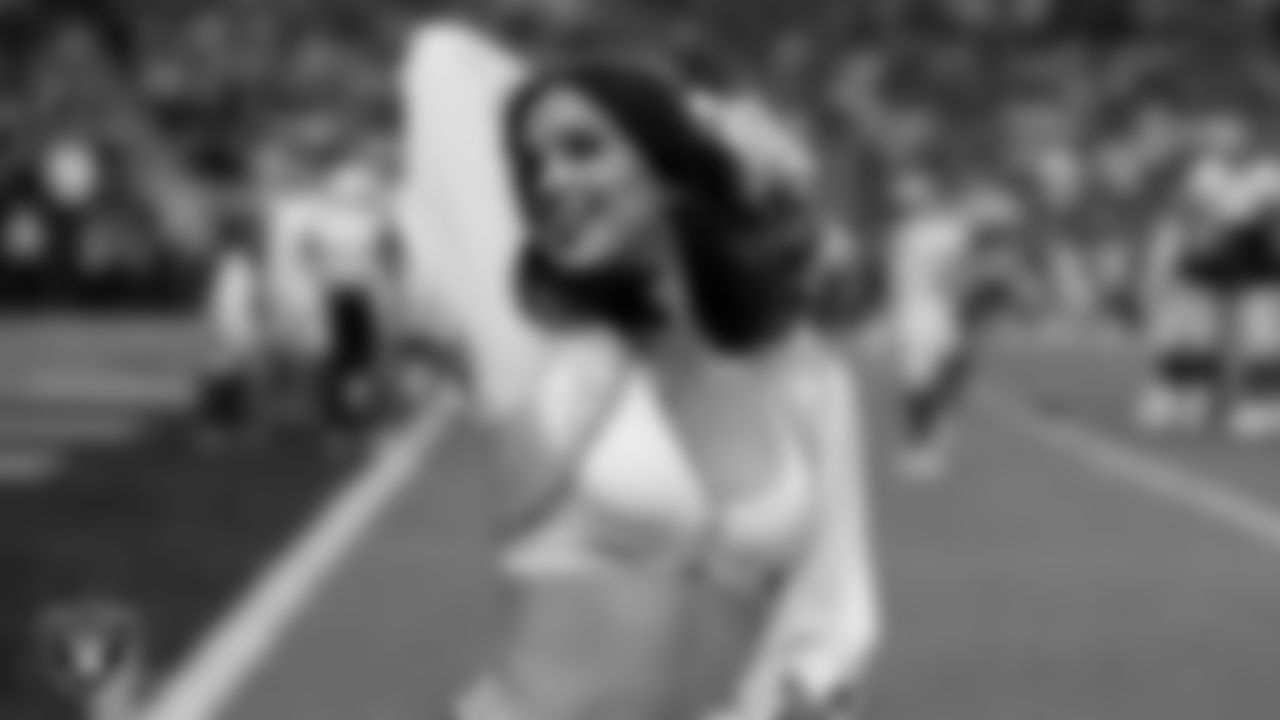 Raiderette Reagan on the sidelines during the regular season home game against the Denver Broncos at Allegiant Stadium.