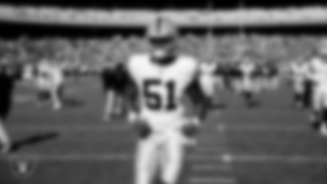 Las Vegas Raiders defensive end Malcolm Koonce (51) warming up before the regular season away game against the Kansas City Chiefs at GEHA Field at Arrowhead Stadium.