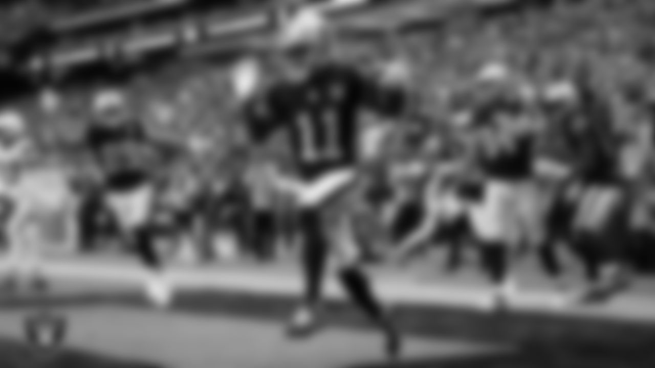 Las Vegas Raiders wide receiver Tre Tucker (11) celebrates after rushing for a 3-yard touchdown during the regular season home game against the Cleveland Browns at Allegiant Stadium, Sunday, September 29, 2024, in Las Vegas, Nev.