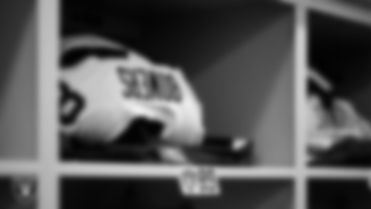 Las Vegas Raiders tight end Brock Bowers' (89) pads in the locker room prior to the Raiders' arrival for their regular season away game against the Los Angeles Chargers at SoFi Stadium.