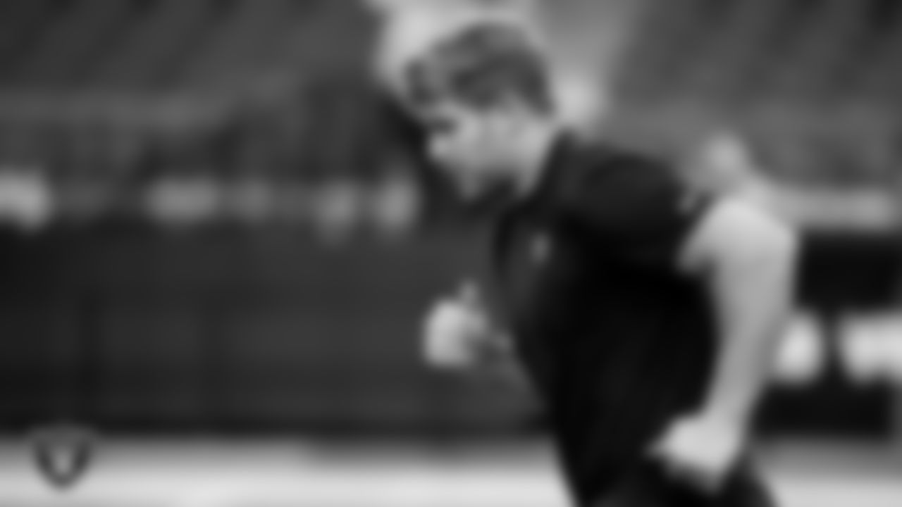 Las Vegas Raiders tight end Michael Mayer (87) warming up before the regular season home game against the Cleveland Browns at Allegiant Stadium.