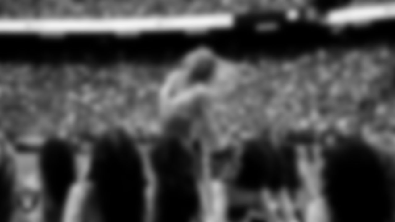 Raiderette Delaney performs on the field during the regular season home game against the Tennessee Titans at Allegiant Stadium.