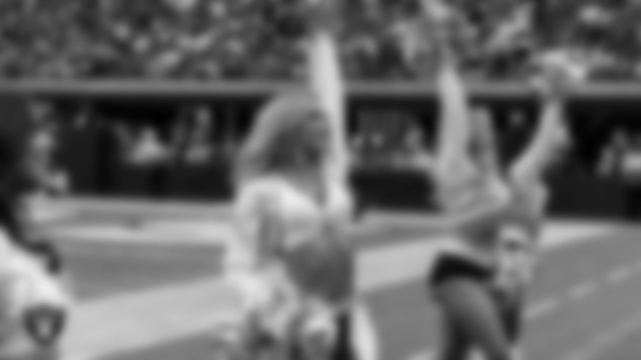 Raiderette Hayley on the sidelines during the preseason home game against the San Francisco 49ers at Allegiant Stadium.