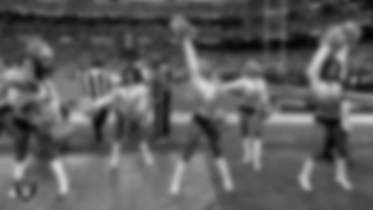 Line 2 of the Raiderettes on the sidelines during the regular season home game against the Denver Broncos at Allegiant Stadium.