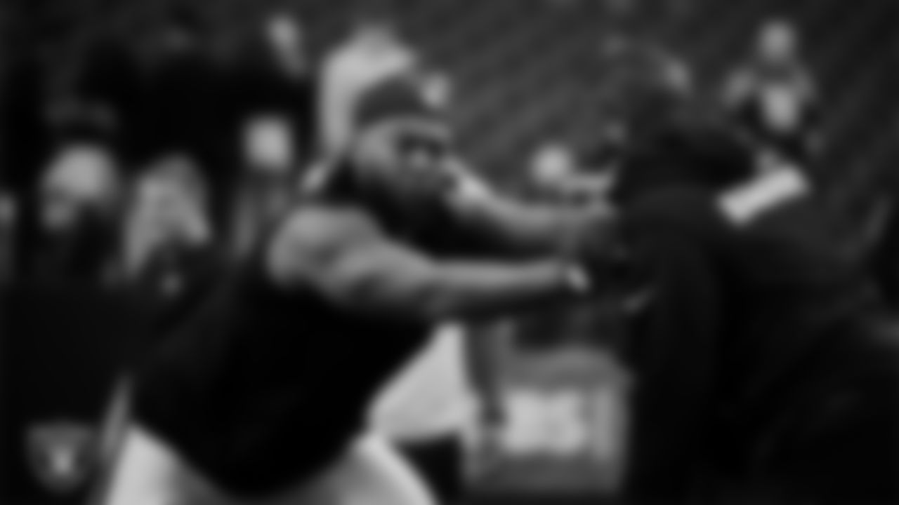 Las Vegas Raiders defensive tackle Adam Butler (69) warming up before the regular season home game against the Denver Broncos at Allegiant Stadium.