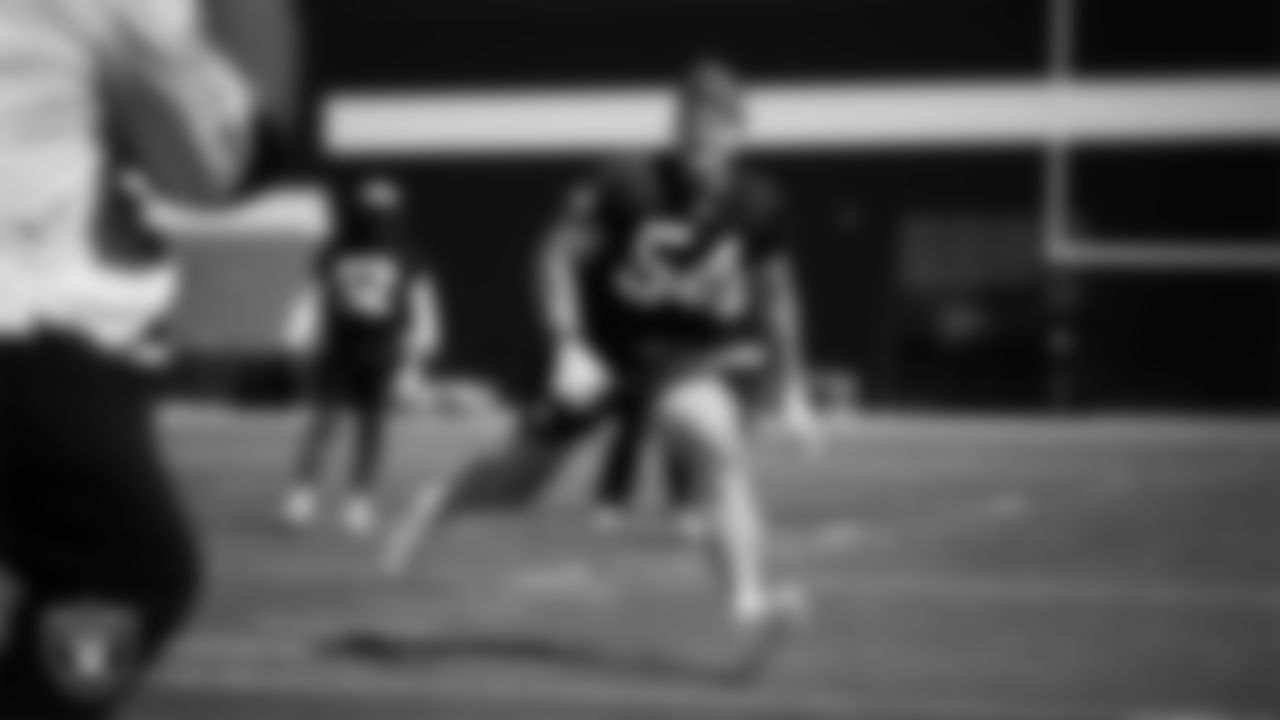 Las Vegas Raiders linebacker Cody Lindenberg (54) at a workout during phase two of the offseason program at Intermountain Health Performance Center.