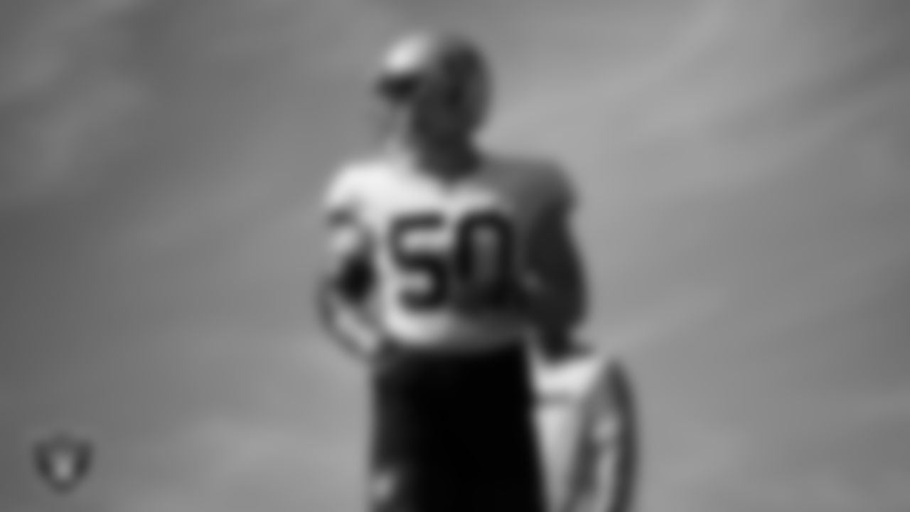 Las Vegas Raiders long snapper Jacob Bobenmoyer (50) on the field for practice at 2025 Training Camp at Intermountain Health Performance Center.