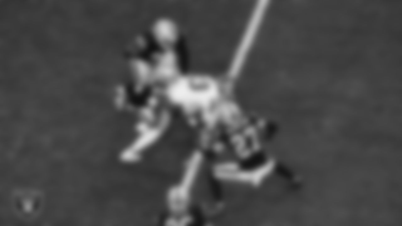 Las Vegas Raiders cornerback Decamerion Richardson (25) makes a tackle during the regular season home game against the Kansas City Chiefs at Allegiant Stadium.