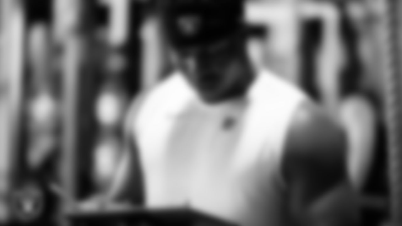Las Vegas Raiders defensive lineman David Agoha (62) at a workout during phase two of the offseason program at Intermountain Health Performance Center.