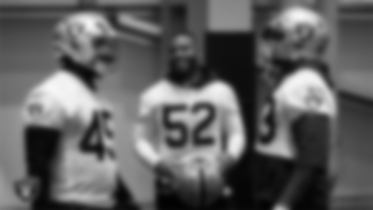 Las Vegas Raiders linebacker Elandon Roberts (52) during practice at Intermountain Health Performance Center.