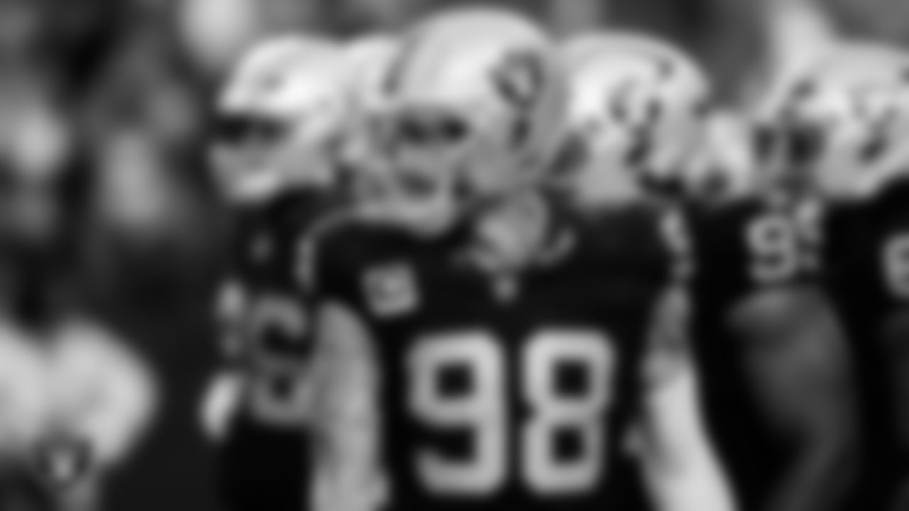 Las Vegas Raiders defensive end Maxx Crosby (98) on the field during the regular season home game against the Denver Broncos at Allegiant Stadium.