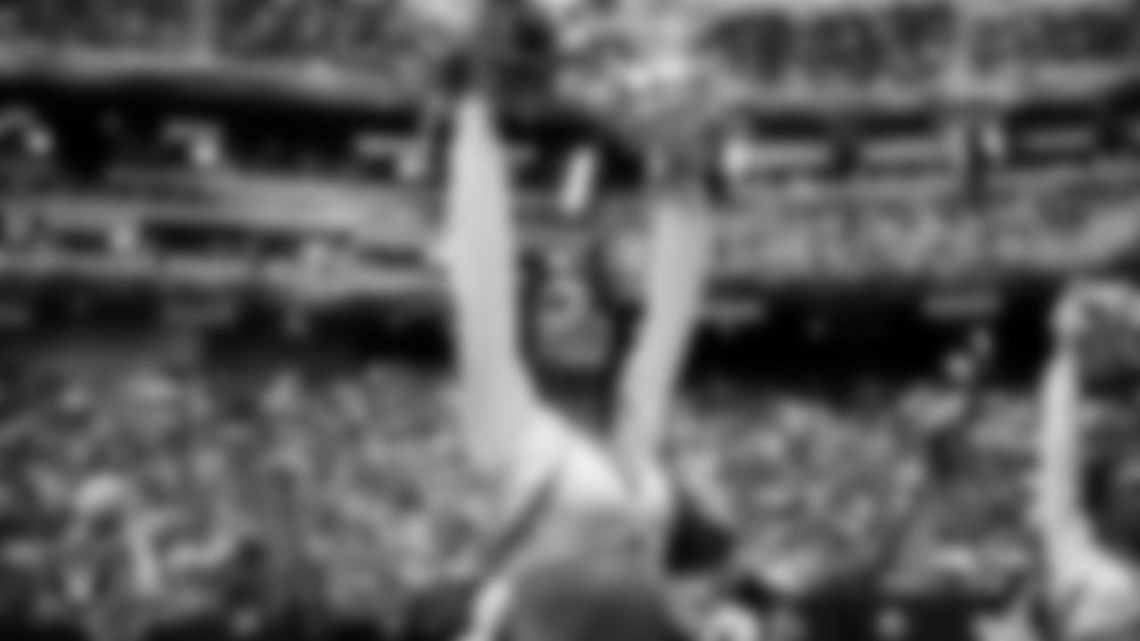 Raiderette Meekela during player introductions before the regular season home game against the Kansas City Chiefs at Allegiant Stadium.