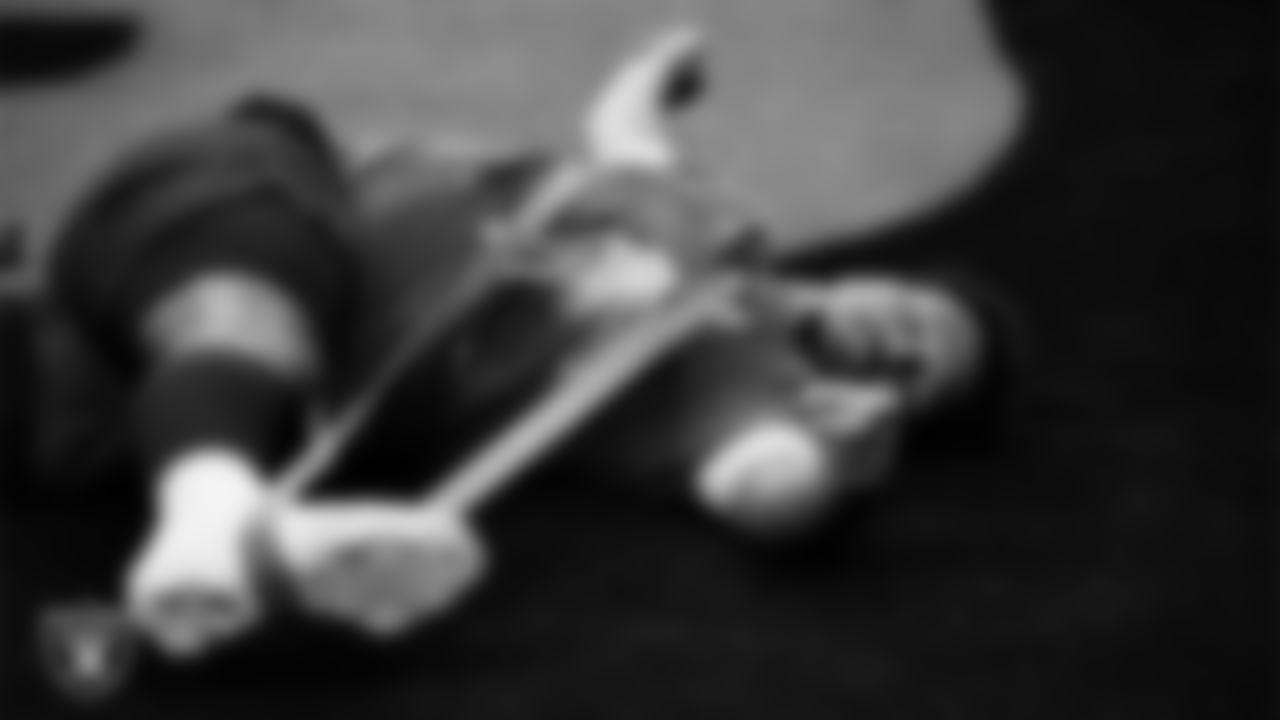 Las Vegas Raiders guard Caleb Rogers (76) warming up before the regular season home game against the Tennessee Titans at Allegiant Stadium.