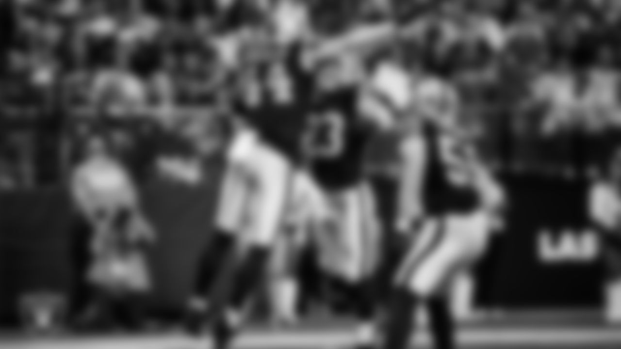 Las Vegas Raiders linebacker Tommy Eichenberg (44) celebrates with running back Dylan Laube (23) after making a tackle during the regular season home game against the Jacksonville Jaguars at Allegiant Stadium.