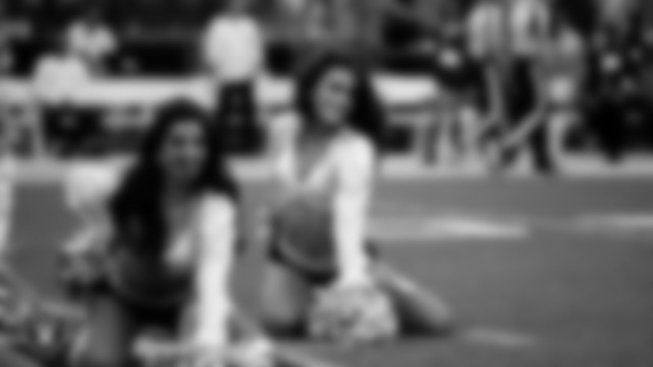 Raiderette Macy performs on the field before the regular season home game against the Cleveland Browns at Allegiant Stadium.