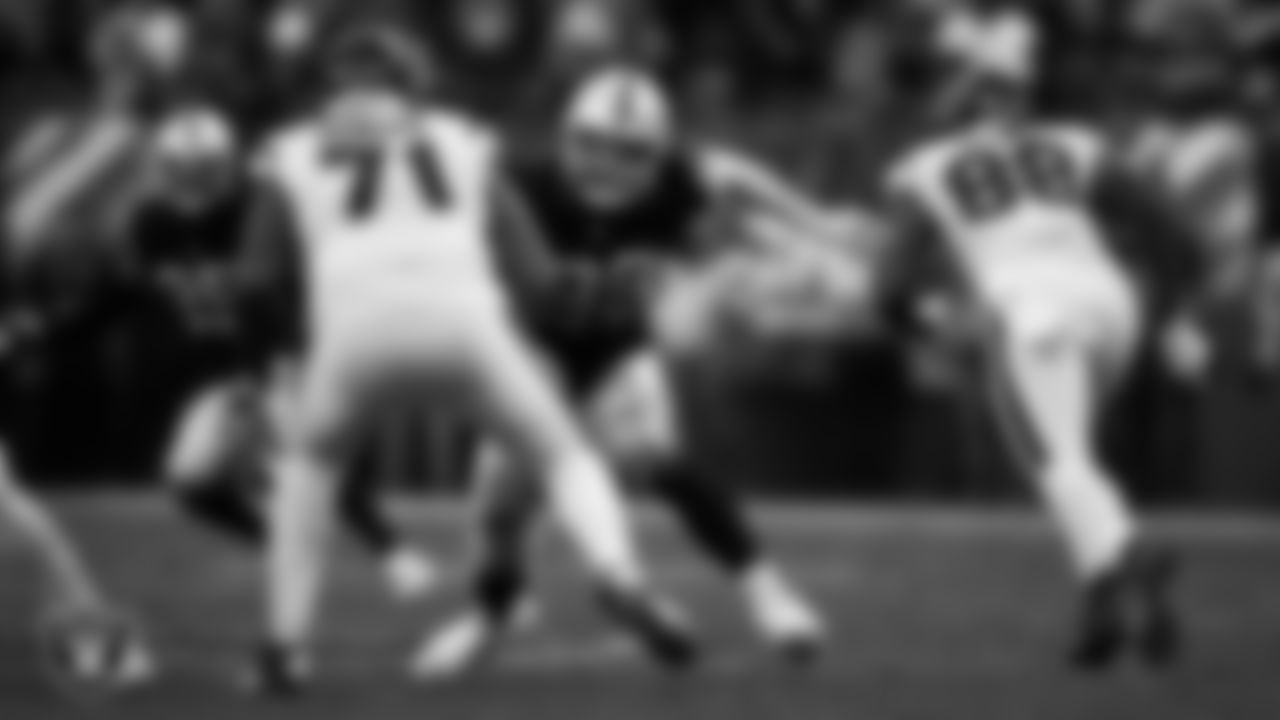 Las Vegas Raiders defensive end Maxx Crosby (98) defends during the regular season home game against the Houston Texans at Allegiant Stadium, Sunday, October 23, 2022, in Las Vegas, Nev.