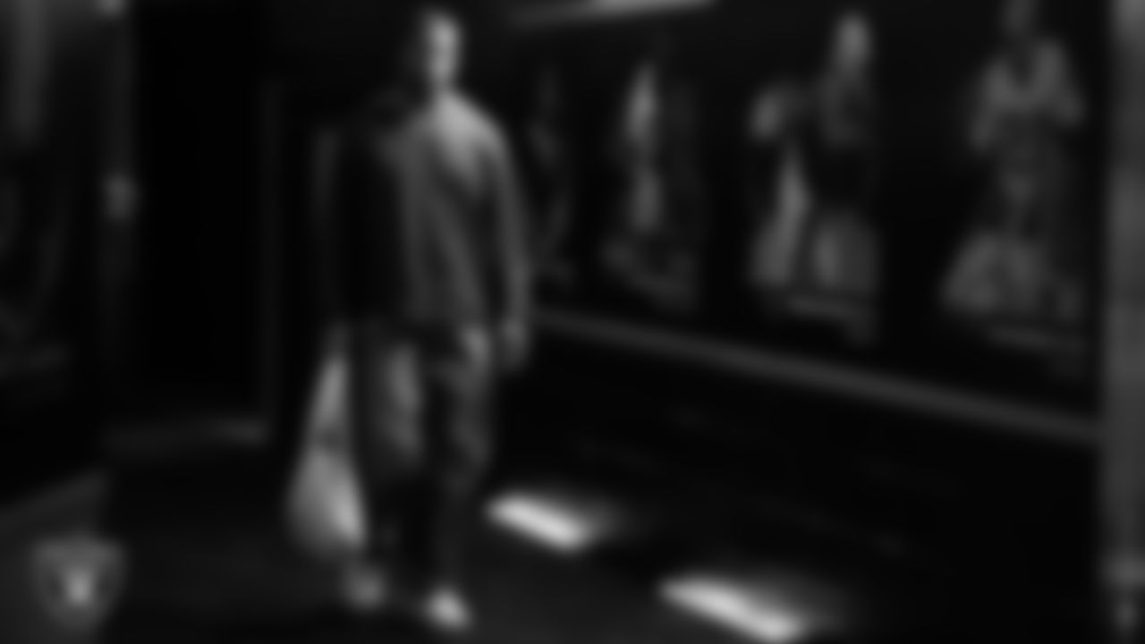 Las Vegas Raiders safety Jeremy Chinn (11) arrives to the preseason home game against the San Francisco 49ers at Allegiant Stadium.