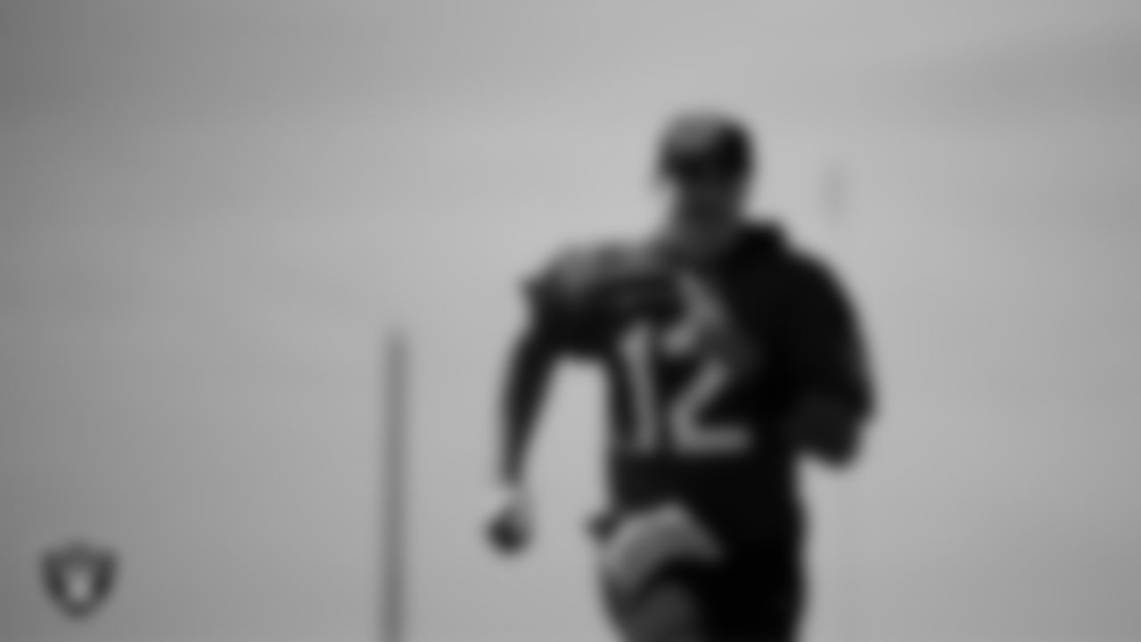 Las Vegas Raiders quarterback Aidan O'Connell (12) at a workout during phase two of the offseason program at Intermountain Health Performance Center.