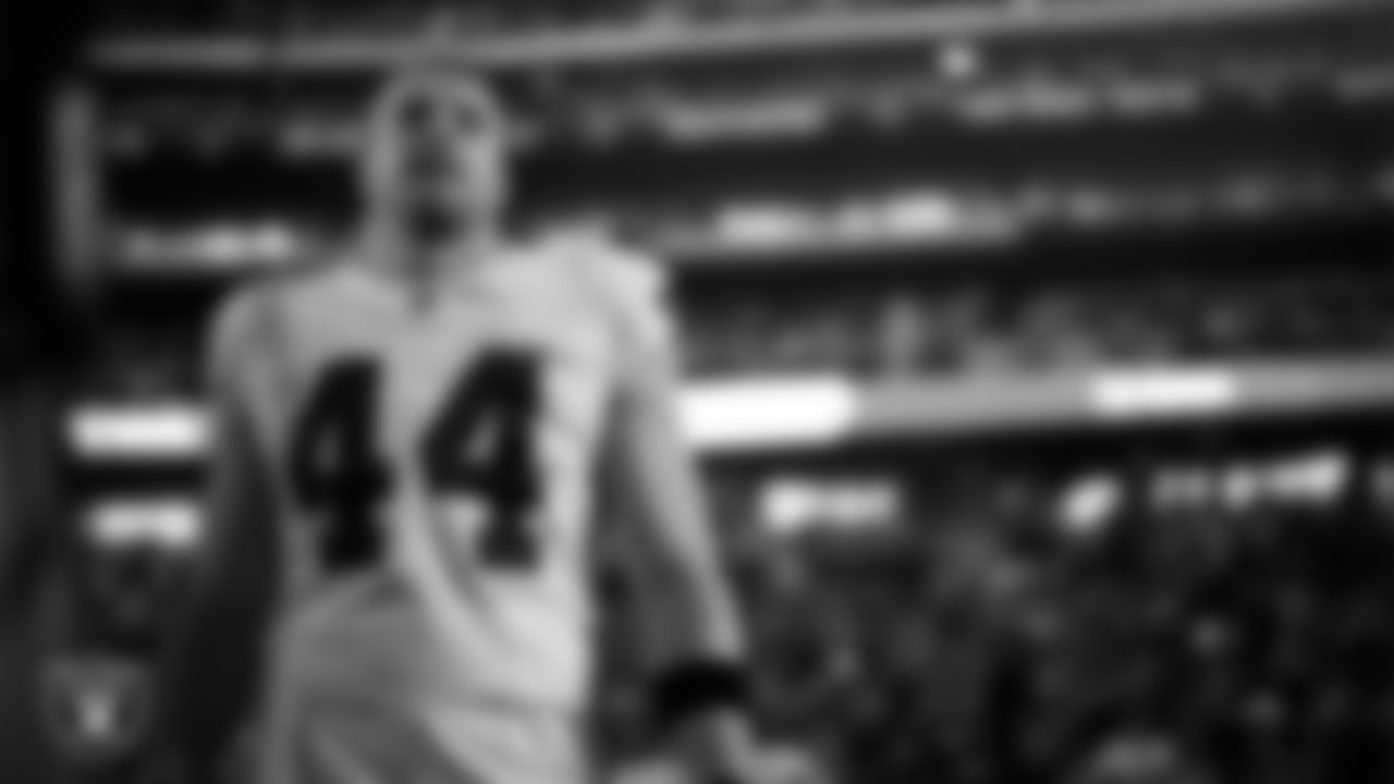 Las Vegas Raiders linebacker Tommy Eichenberg (44) on the sidelines before the Las Vegas Raiders' regular season away game against the Indianapolis Colts at Lucas Oil Stadium.