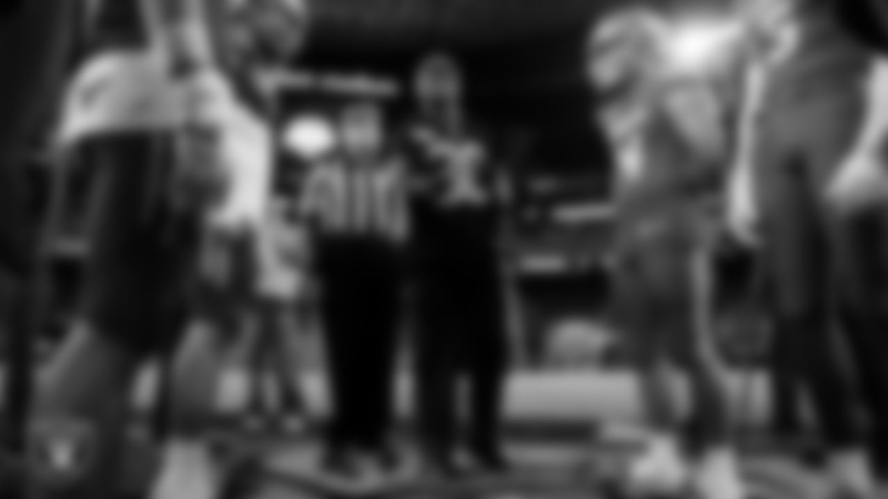 Las Vegas Raiders cornerback Darnay Holmes (30) during the coin toss before the NIAA 5A Open Division State Championship game between Bishop Gorman High School and Arbor View High School at Allegiant Stadium.