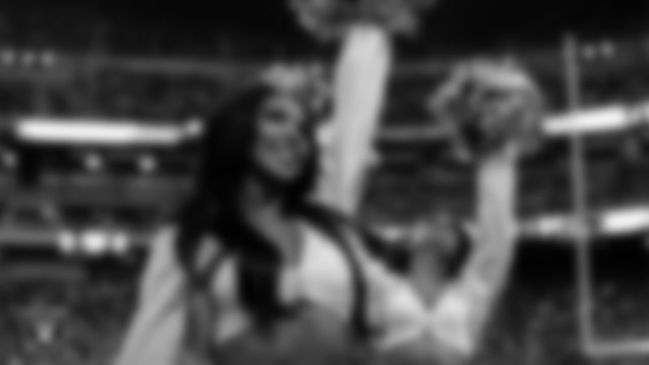 Raiderette Cierra on the sidelines during the preseason home game against the San Francisco 49ers at Allegiant Stadium.