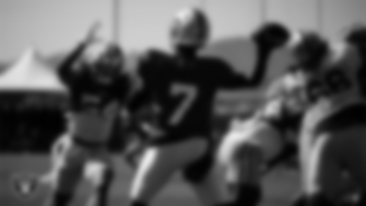 Las Vegas Raiders quarterback Geno Smith (7) on the field for a joint practice with the San Francisco 49ers at 2025 Training Camp at Intermountain Health Performance Center.
