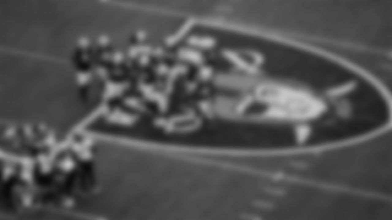 The Las Vegas Raiders defense huddles during the regular season home game against the Jacksonville Jaguars at Allegiant Stadium.