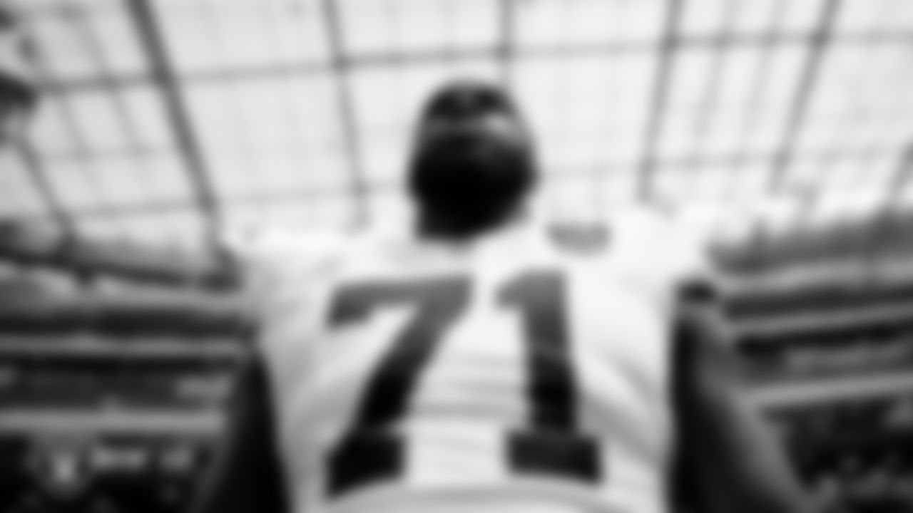 Las Vegas Raiders tackle DJ Glaze (71) on the sidelines before the Las Vegas Raiders' regular season away game against the Los Angeles Chargers at SoFi Stadium.