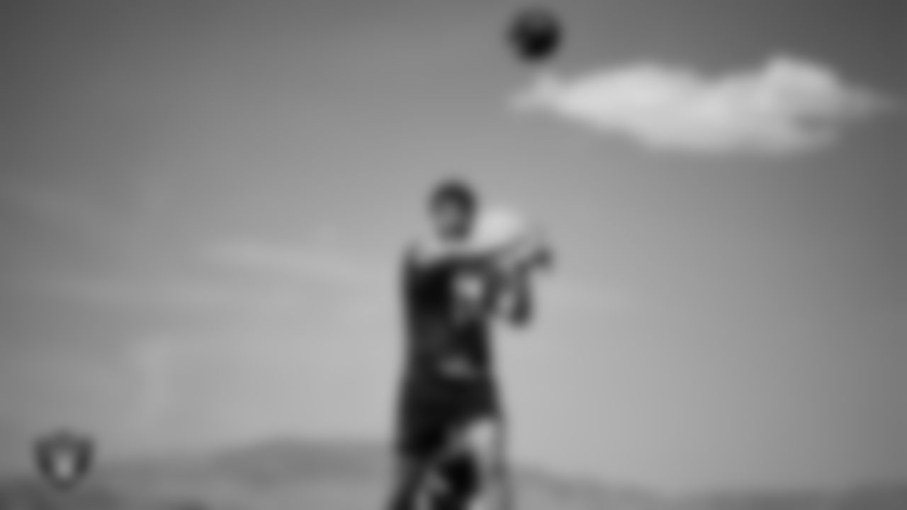 Las Vegas Raiders quarterback Carter Bradley (14) at a workout during phase two of the offseason program at Intermountain Health Performance Center.