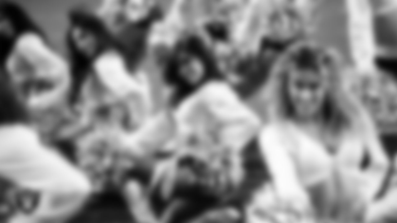 Raiderette Tatiana performs on the field during the regular season home game against the Los Angeles Chargers at Allegiant Stadium.