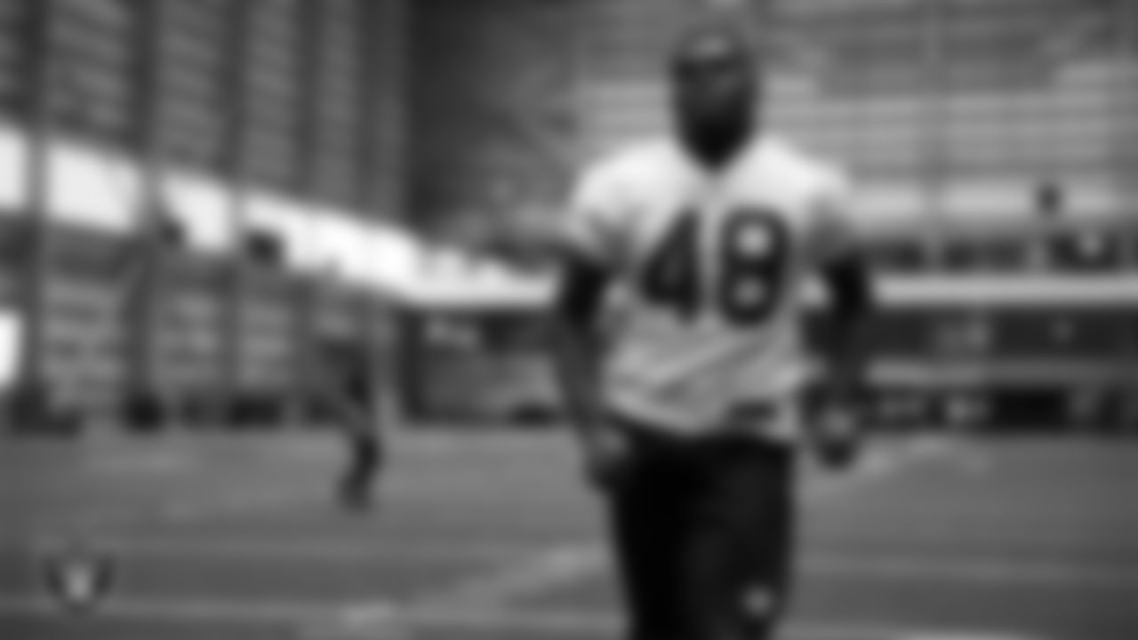 Las Vegas Raiders linebacker Jamin Davis (48) during practice at Intermountain Health Performance Center.