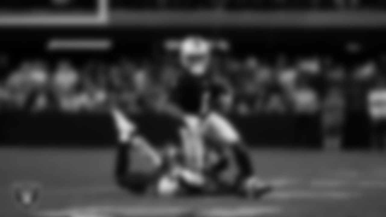 Las Vegas Raiders wide receiver Tre Tucker (1) runs after making a catch during the regular season home game against the Jacksonville Jaguars at Allegiant Stadium.