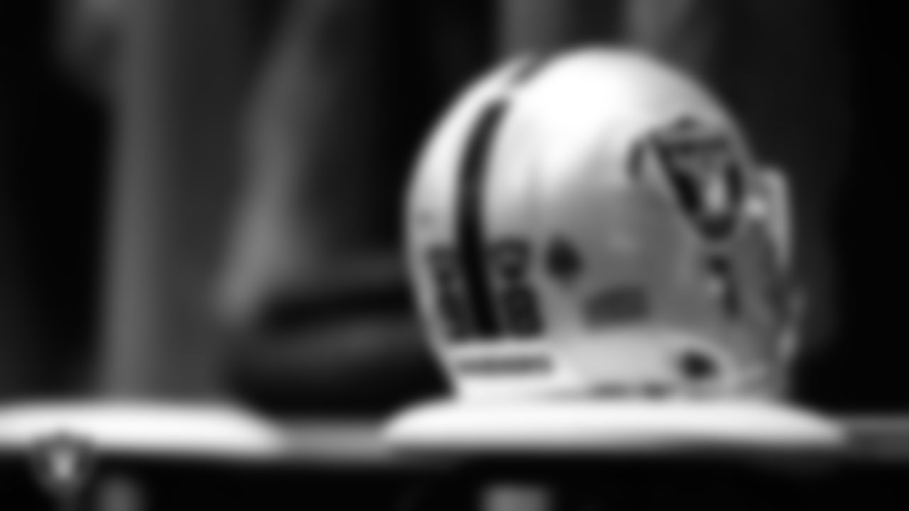 Las Vegas Raiders defensive end Maxx Crosby's (98) helmet in the locker room prior to the Raiders' arrival for their regular season away game against the Philadelphia Eagles at Lincoln Financial Field.
