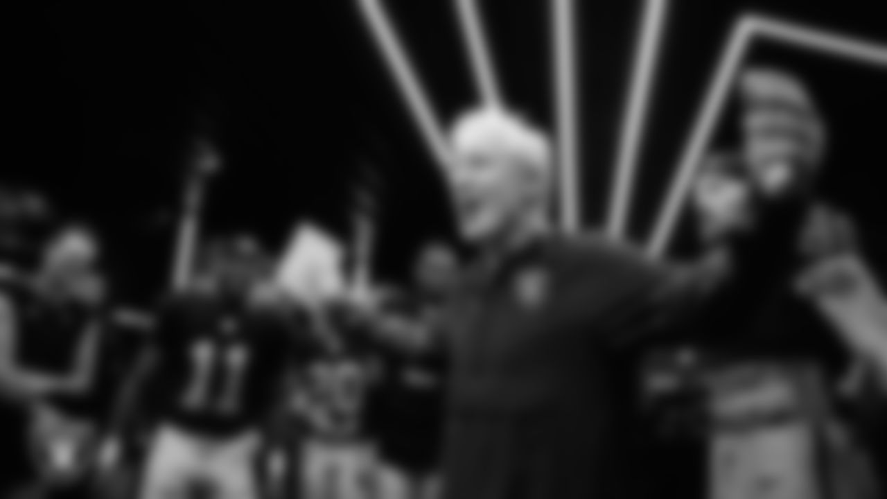 Las Vegas Raiders Head Coach Pete Carroll addresses his players in the locker room after the regular season home game against the Tennessee Titans at Allegiant Stadium.