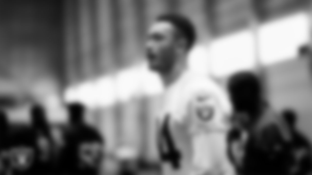 Las Vegas Raiders tight end Qadir Ismail (84) at a workout during phase two of the offseason program at Intermountain Health Performance Center.