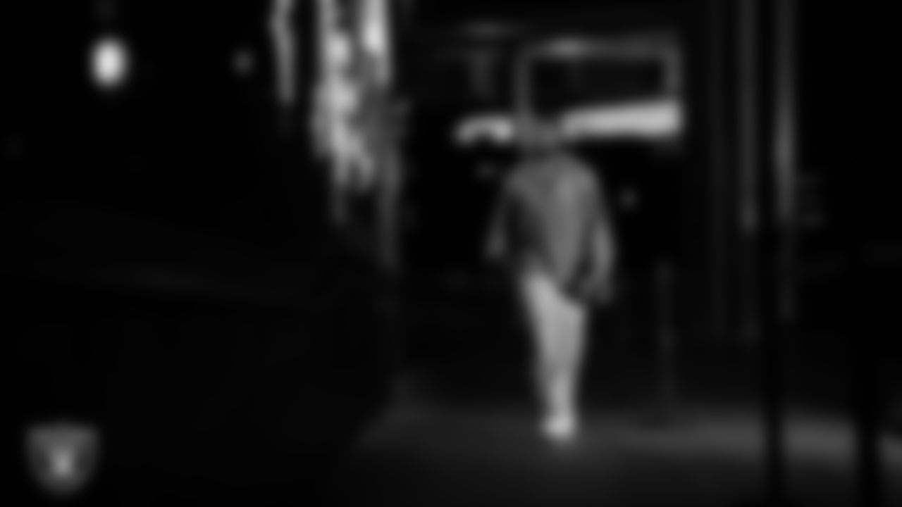 Las Vegas Raiders safety Jeremy Chinn (11) arrives to the regular season home game against the Jacksonville Jaguars at Allegiant Stadium.