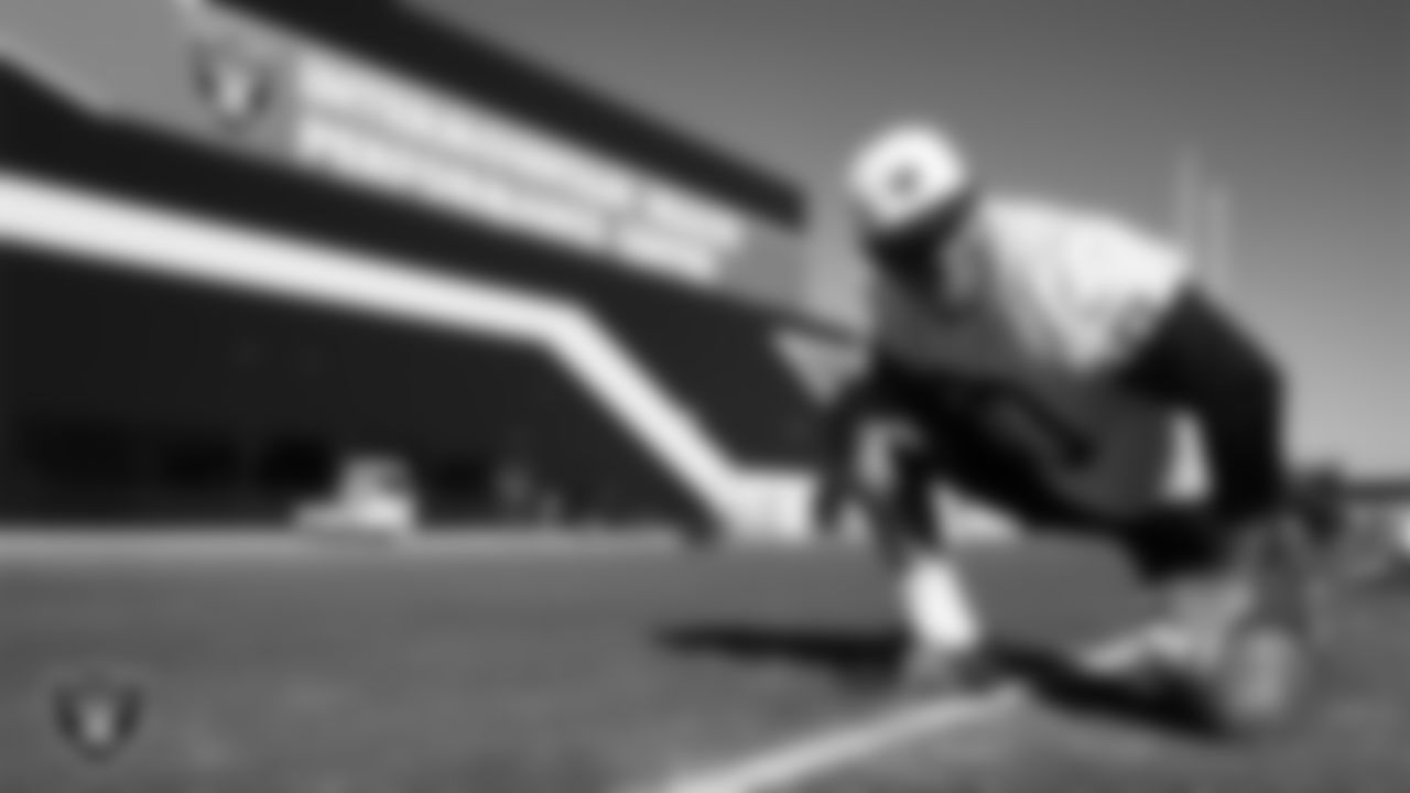Las Vegas Raiders offensive lineman Stone Forsythe (70) during practice at Intermountain Health Performance Center.